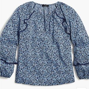 NWT J. Crew Print Ruffle-Trim Peasant Top XS blue ditsy floral.